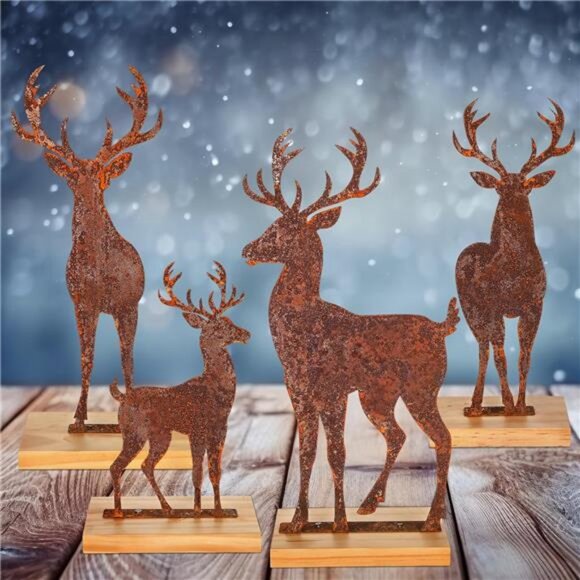 4 Pcs Rusty Metal Christmas Elk Tabletop Decor Big Vintage Christmas Reindeer